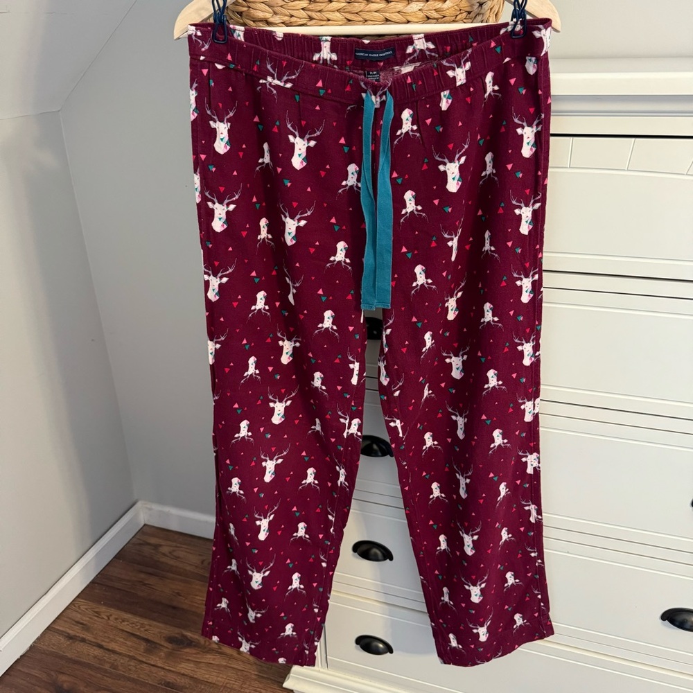American Eagle Deer Flannel Pajama Lounge Cotton Pants Burgundy Womens Medium